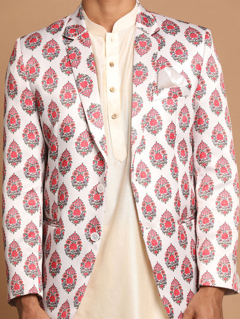 Vastramay Men's Cream Base Multicolor Printed Blazer And Cream Solid Kurta With Pajama Set
