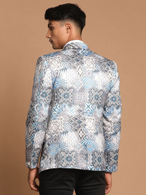 Vastramay Men's Gray Multi-Color Printed Silk Blend Blazer