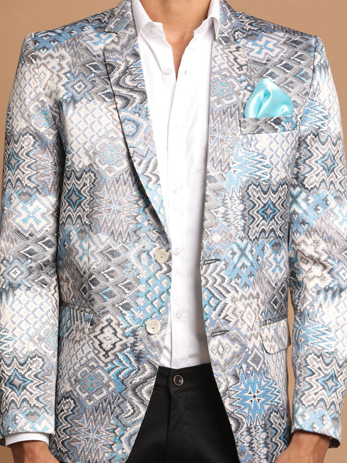 Vastramay Men's Gray Multi-Color Printed Silk Blend Blazer