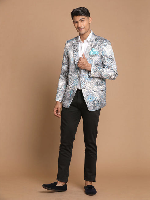 Vastramay Men's Gray Multi-Color Printed Silk Blend Blazer
