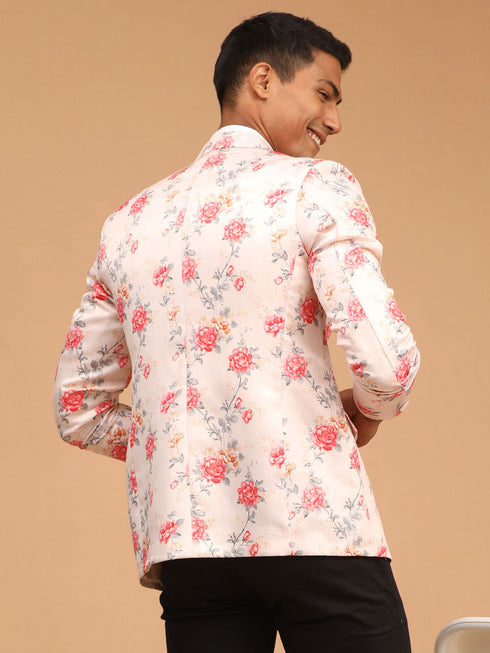 Vastramay Men's Peach Floral Printed Blazer