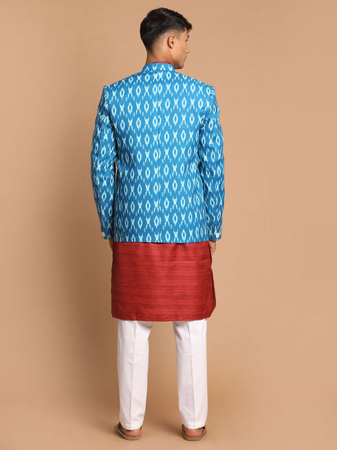 Vastramay Men's Blue Ikkat print Blazer And Kurta Pant sett