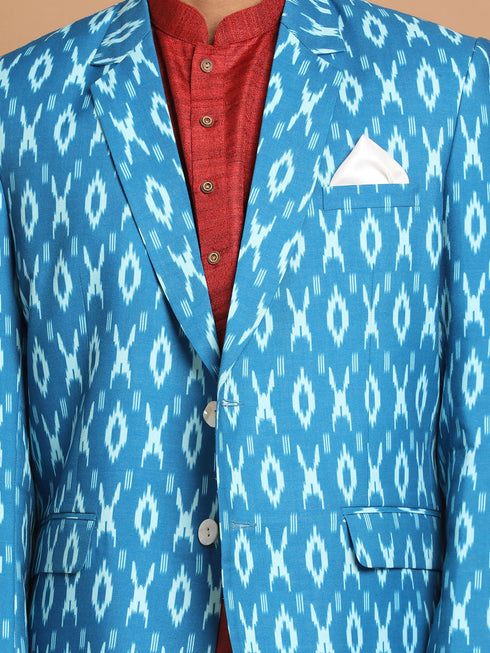 Vastramay Men's Blue Ikkat print Blazer And Kurta Pant sett