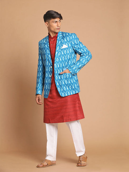 Vastramay Men's Blue Ikkat print Blazer And Kurta Pant sett