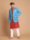 Vastramay Men's Blue Ikkat print Blazer And Kurta Pant sett