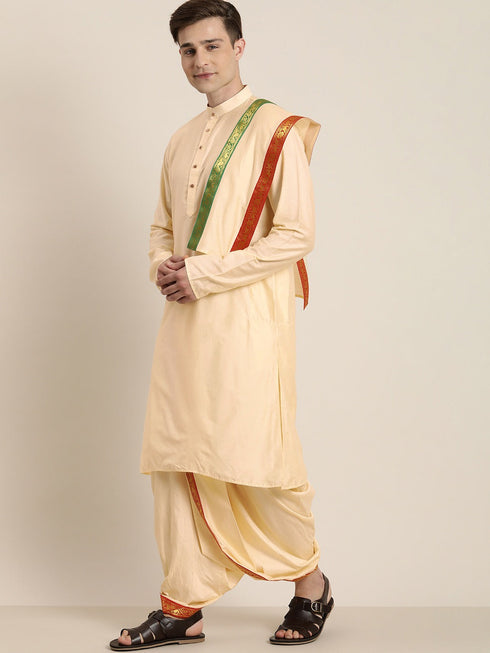 Vastramay Men's Rose Gold Cotton Blend Kurta Dhoti And Dupatta Set