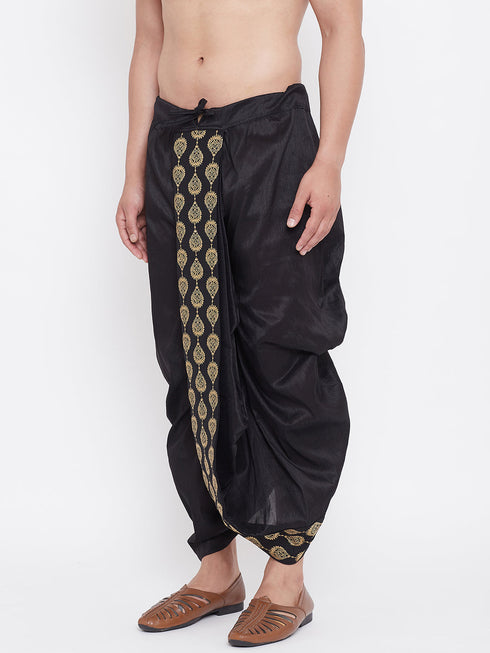 Vastramay Men's Black Silk Blend Embroidered Dhoti