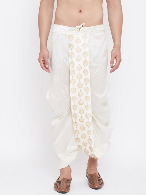 Vastramay Men's Cream Silk Blend Embroidered Dhoti