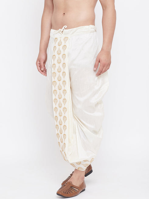 Vastramay Men's Cream Silk Blend Embroidered Dhoti