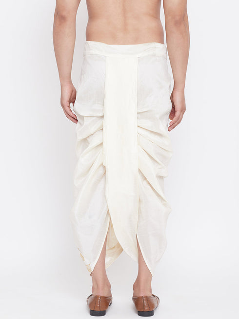 Vastramay Men's Cream Silk Blend Embroidered Dhoti