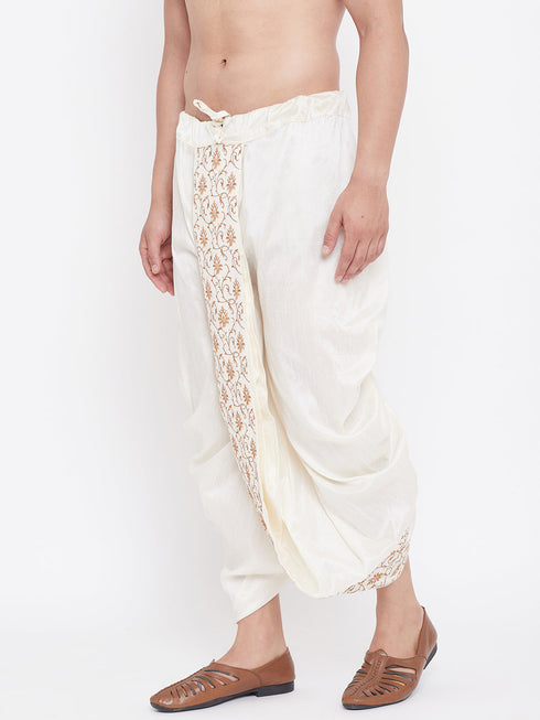 Vastramay Men's Cream Silk Blend Embroidered Dhoti