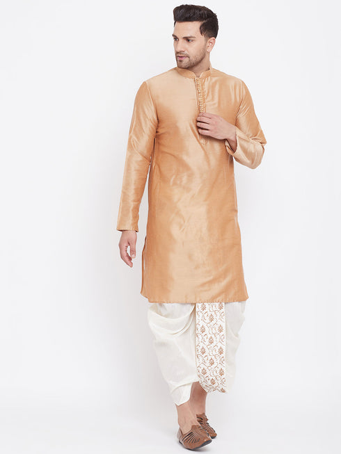 Vastramay Men's Cream Silk Blend Embroidered Dhoti