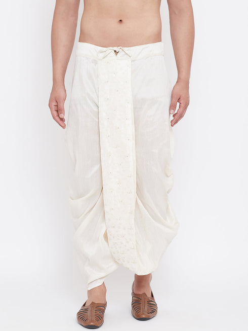 Vastramay Men's Cream Silk Blend Embroidered Dhoti