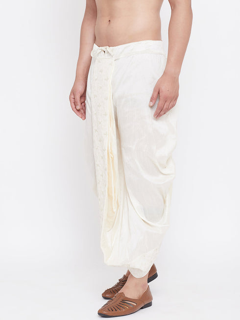 Vastramay Men's Cream Silk Blend Embroidered Dhoti