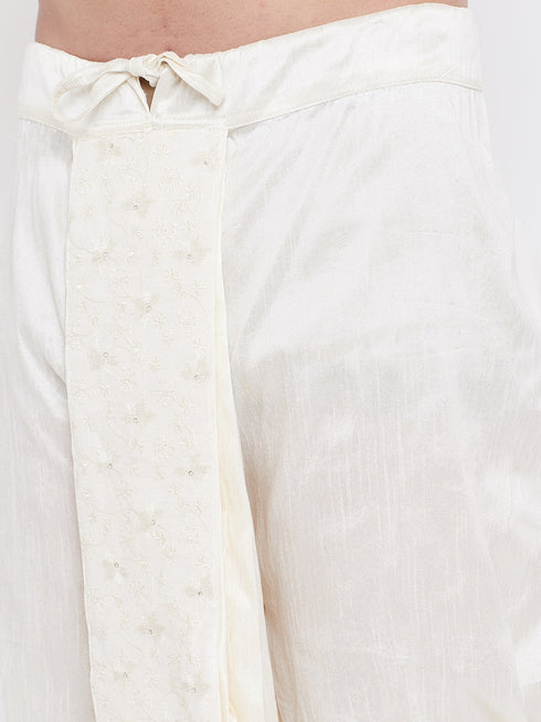 Vastramay Men's Cream Silk Blend Embroidered Dhoti