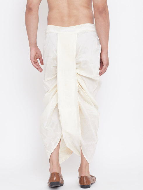 Vastramay Men's Cream Silk Blend Embroidered Dhoti