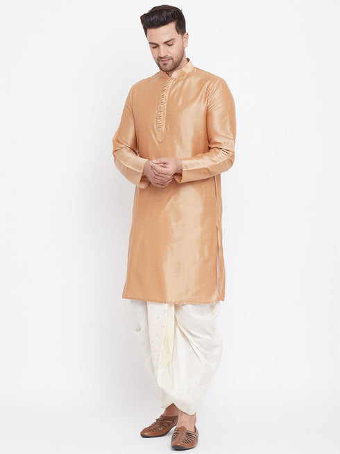 Vastramay Men's Cream Silk Blend Embroidered Dhoti