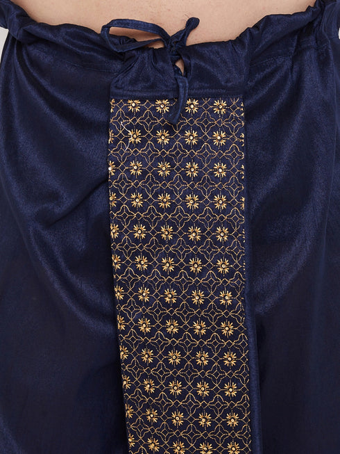 Vastramay Men's Navy Blue Embroidred Dhoti