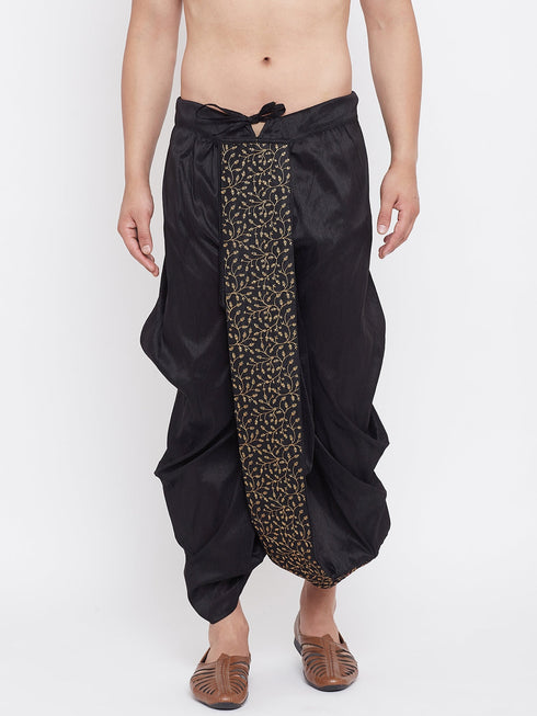 Vastramay Men's Black Silk Blend Embroidered Dhoti