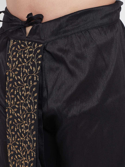 Vastramay Men's Black Silk Blend Embroidered Dhoti