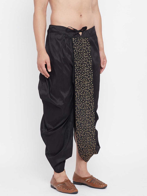 Vastramay Men's Black Silk Blend Embroidered Dhoti