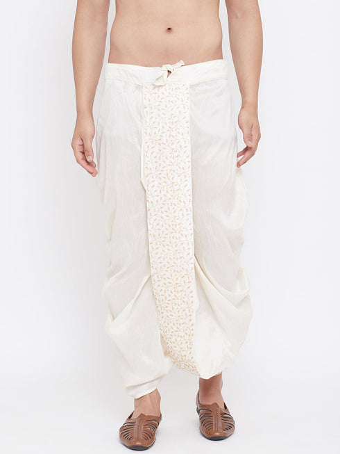 Vastramay Men's Cream Silk Blend Embroidered Dhoti