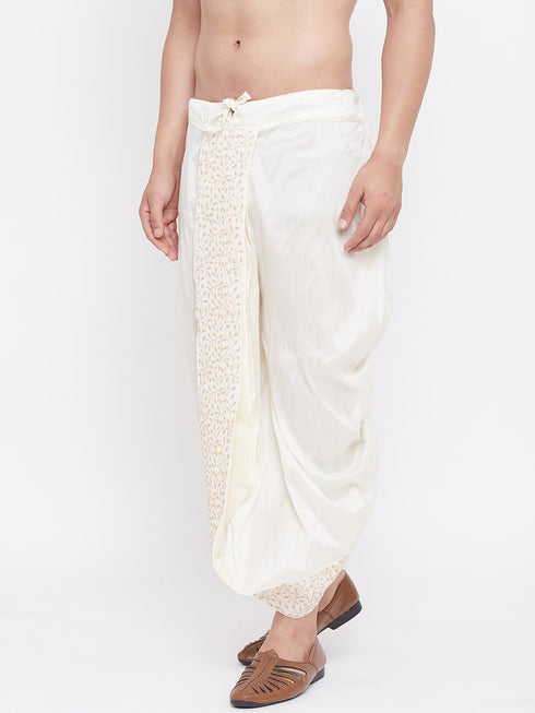 Vastramay Men's Cream Silk Blend Embroidered Dhoti