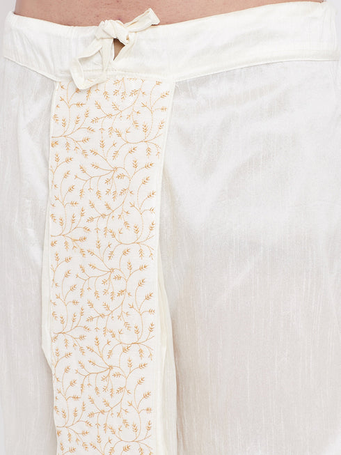 Vastramay Men's Cream Silk Blend Embroidered Dhoti
