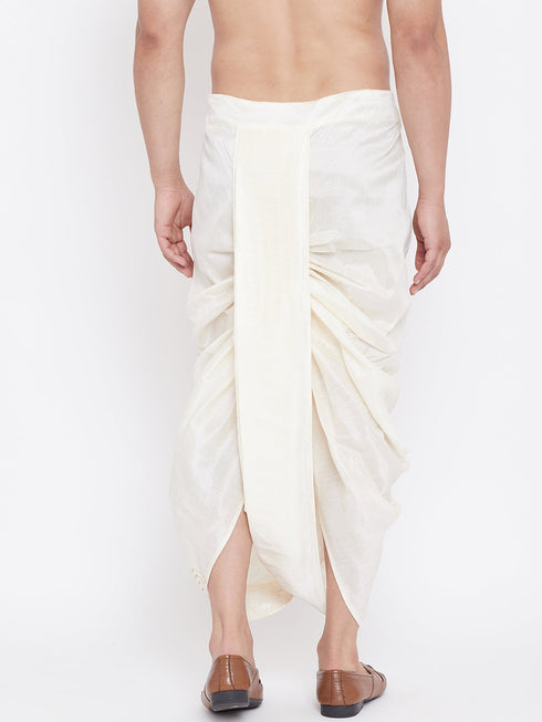 Vastramay Men's Cream Silk Blend Embroidered Dhoti
