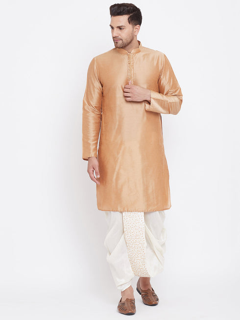 Vastramay Men's Cream Silk Blend Embroidered Dhoti
