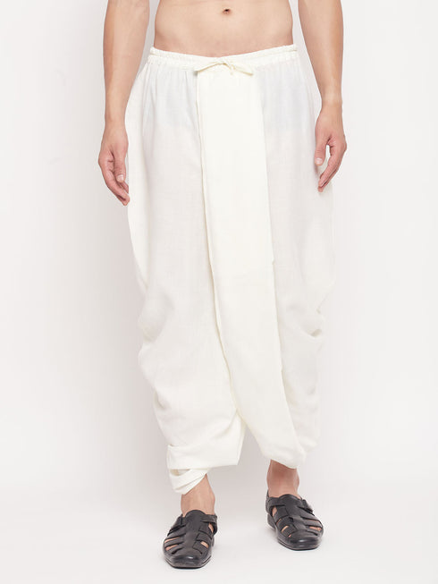 Vastramay Men's Cream Silk Blend Solid Pleated Dhoti