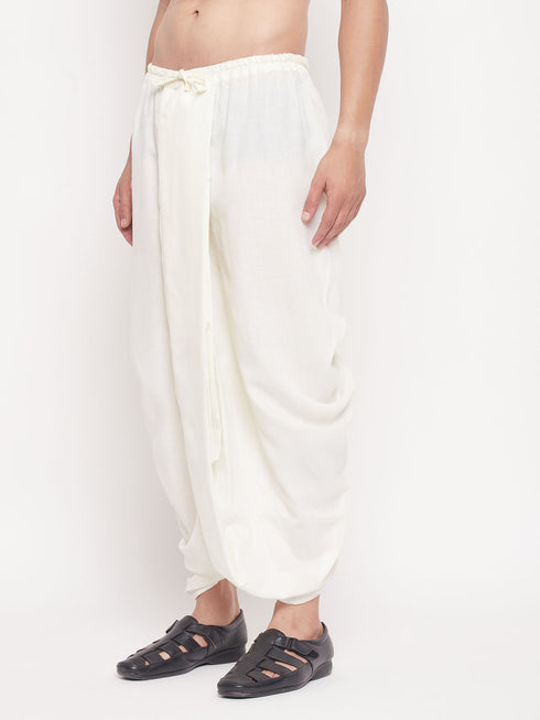 Vastramay Men's Cream Silk Blend Solid Pleated Dhoti