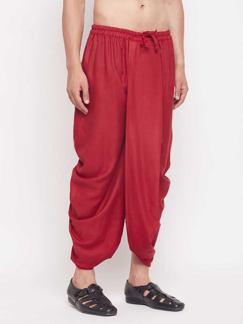 Vastramay Men's Maroon Silk Blend Solid Pleated Dhoti