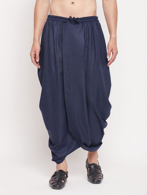 Vastramay Men's Navy Blue Silk Blend Solid Pleated Dhoti