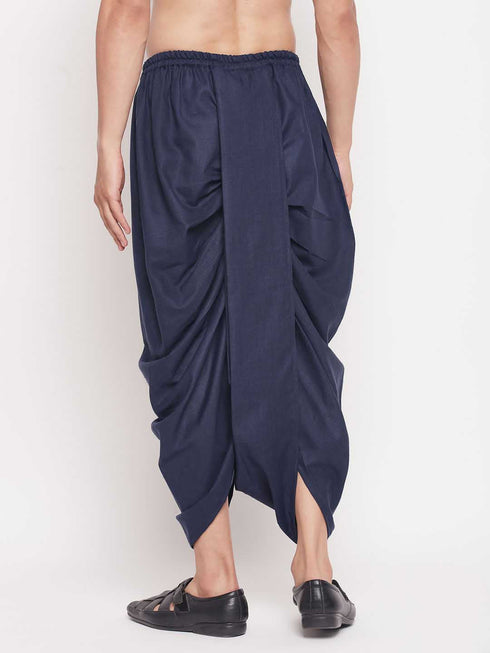Vastramay Men's Navy Blue Silk Blend Solid Pleated Dhoti