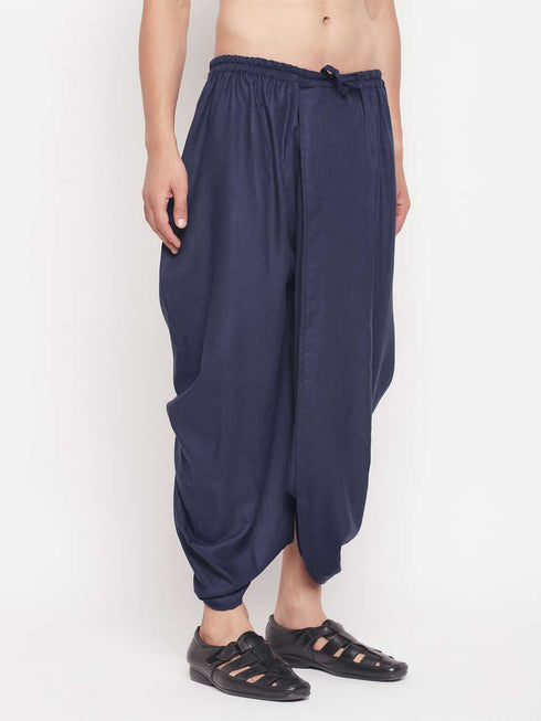 Vastramay Men's Navy Blue Silk Blend Solid Pleated Dhoti