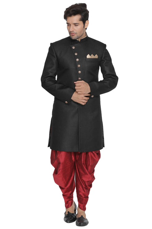 VASTRAMAY Men's Black Silk Blend Sherwani Only Top