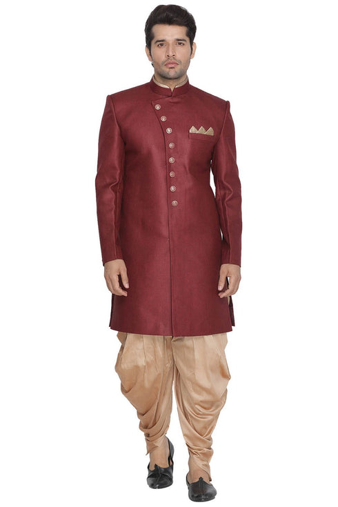 VASTRAMAY Men's Maroon Jute Cotton Blend Sherwani Set