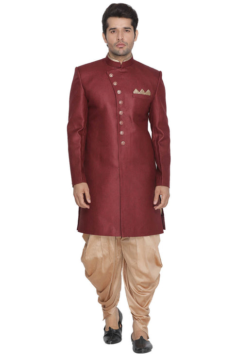 Vastramay Men's Maroon Silk Blend Sherwani Only Top