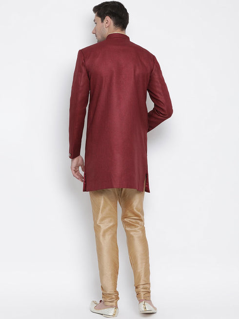 VM By VASTRAMAY Men's Maroon Silk Blend Sherwani Set