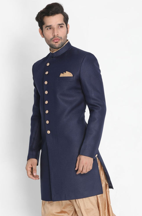 VASTRAMAY Men's Dark Blue Silk Blend Sherwani Only Top