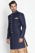 VASTRAMAY Men's Dark Blue Silk Blend Sherwani Only Top