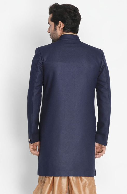 VASTRAMAY Men's Dark Blue Silk Blend Sherwani Only Top