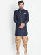 VASTRAMAY Men's Dark Blue Silk Blend Sherwani Set