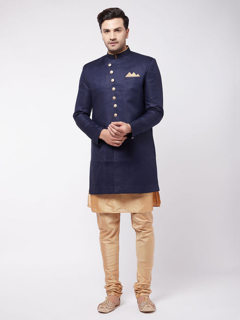Vastramay Men's Navy Blue Angrakha Style Indo Western Over Rose Gold Kurta Pyjama Set