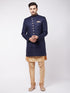 Vastramay Men's Navy Blue Angrakha Style Indo Western Over Rose Gold Kurta Pyjama Set