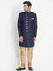 VM By VASTRAMAY Men's Dark Blue Silk Blend Sherwani Set