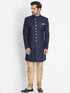 VM By VASTRAMAY Men's Dark Blue Silk Blend Sherwani Set