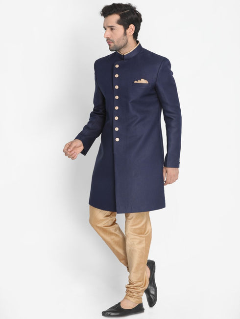 VM By VASTRAMAY Men's Dark Blue Silk Blend Sherwani Set