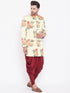 Vastramay Men's Floral Printed Multicolor-Base-Cream And Maroon Silk Blend Sherwani Set